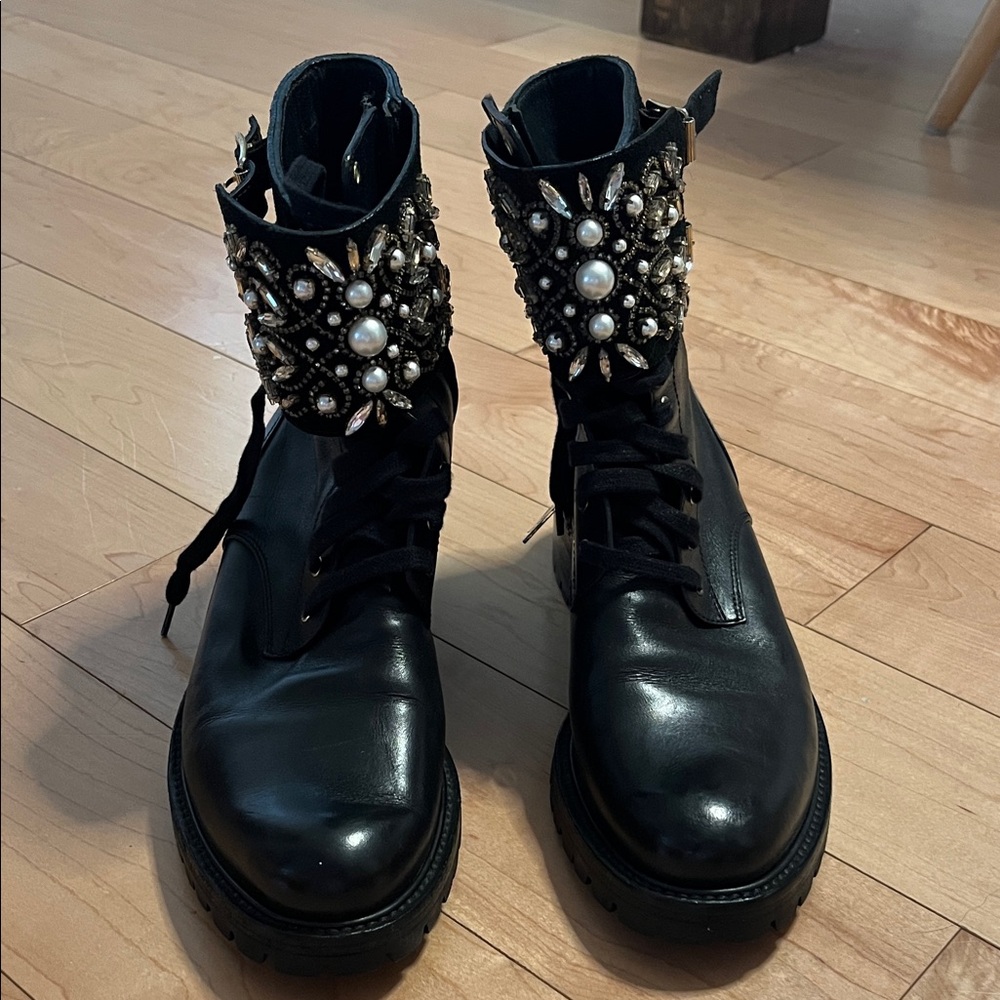 Rare Rene Caovilla Black Crystal Embellished Suede Combat Boots Size 38.5 - Picture 9 of 16